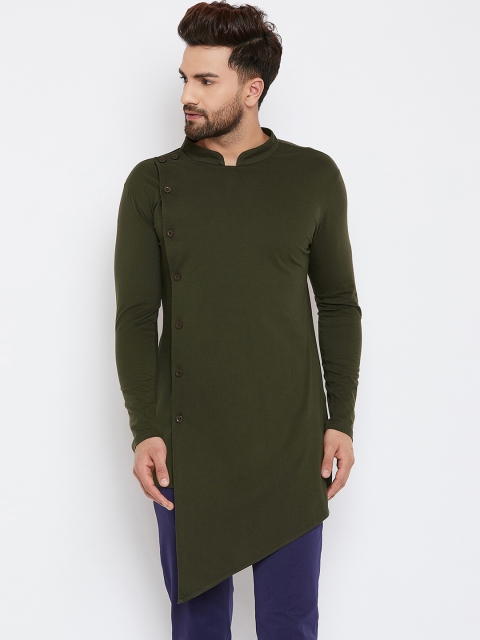 

Hypernation Men Olive Green Solid Straight Kurta
