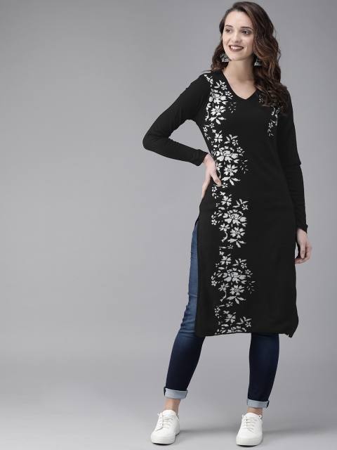 

Anouk Women Black & White Woven Design Straight Sweater Kurta