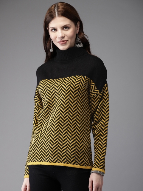 

Anouk Women Black & Mustard Yellow Woven Design Sweater