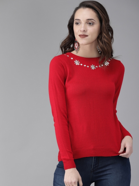 

Anouk Women Red Solid Embellished Pullover Sweater