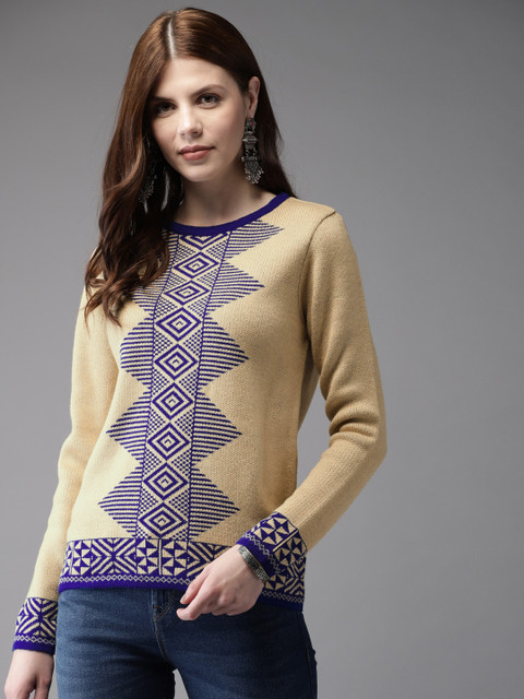 

Anouk Women Beige & Blue Self Design Sweater