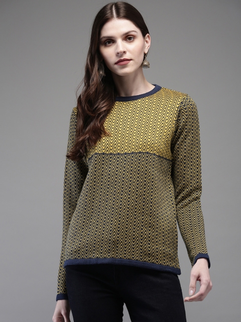 

Anouk Women Mustard & Navy Blue Self Design Sweater