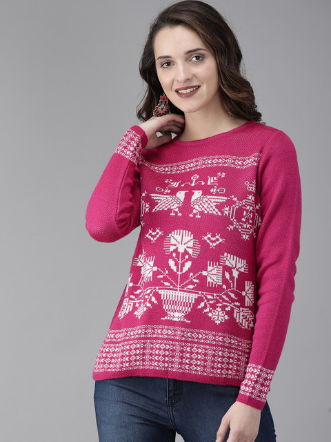 

Anouk Women Pink Self Design Pullover Sweater