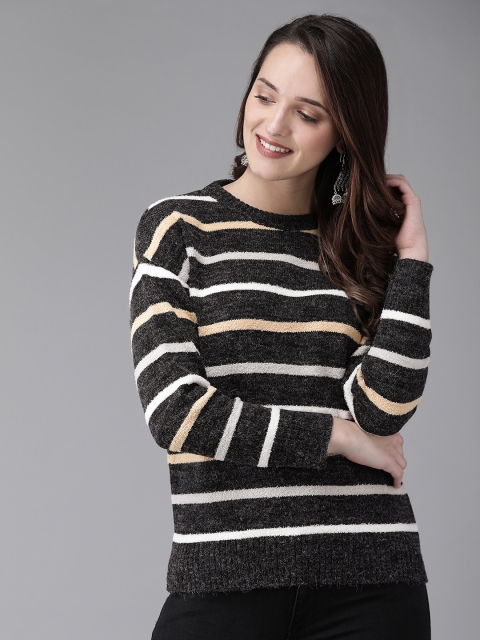 

Anouk Women Black & White Striped Pullover Sweater