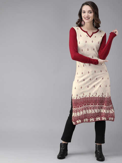 

Anouk Women Beige & Red Woven Design Straight Sweater Kurta