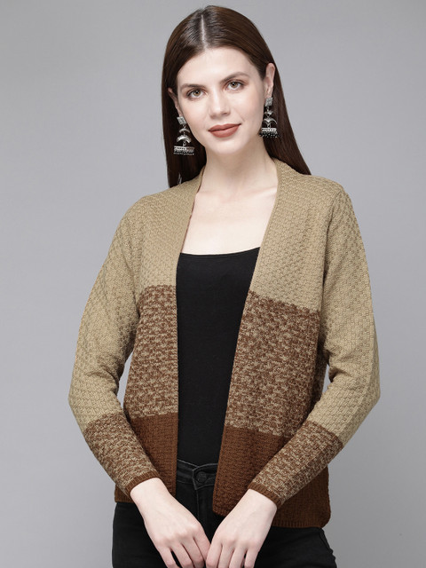 

Anouk Women Beige & Brown Colourblocked Open Front Shrug