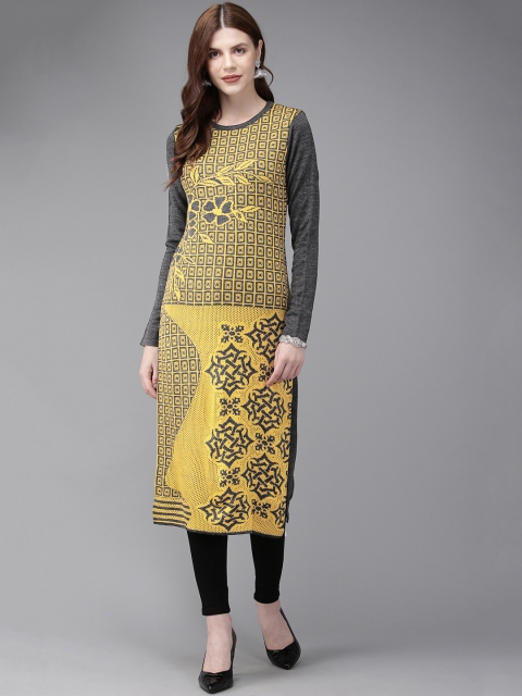 

Anouk Women Mustard Yellow & Charcoal Grey Woven Design Straight Sweater Kurta