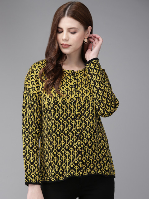 

Anouk Women Black & Yellow Self Design Sweater