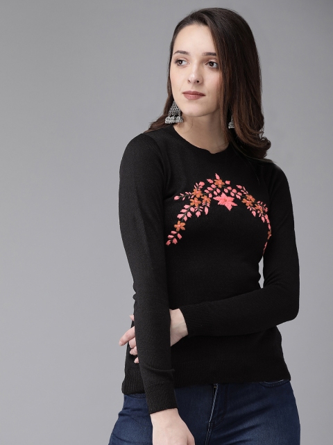 

Anouk Women Black Embroidered Pullover Sweater