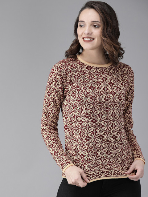 

Anouk Women Maroon & Beige Self Design Pullover Sweater