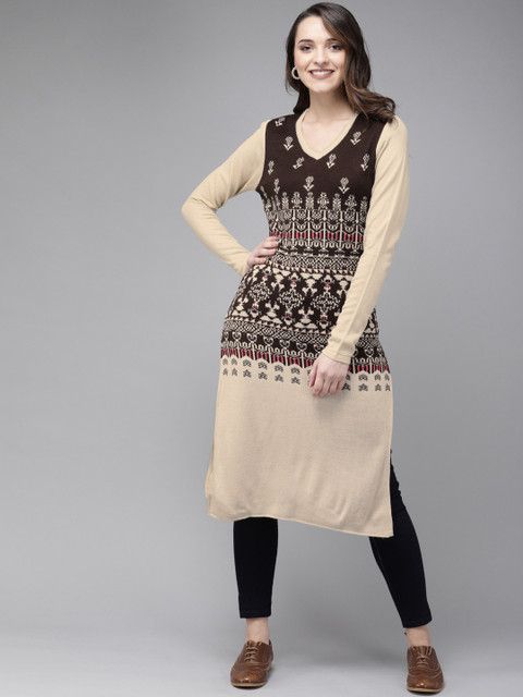 

Anouk Women Brown & Cream-Coloured Knitted Straight Sweater Kurta