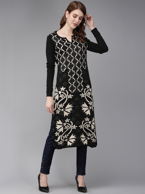 

Anouk Women Black & Beige Woven Design Straight Sweater Kurta