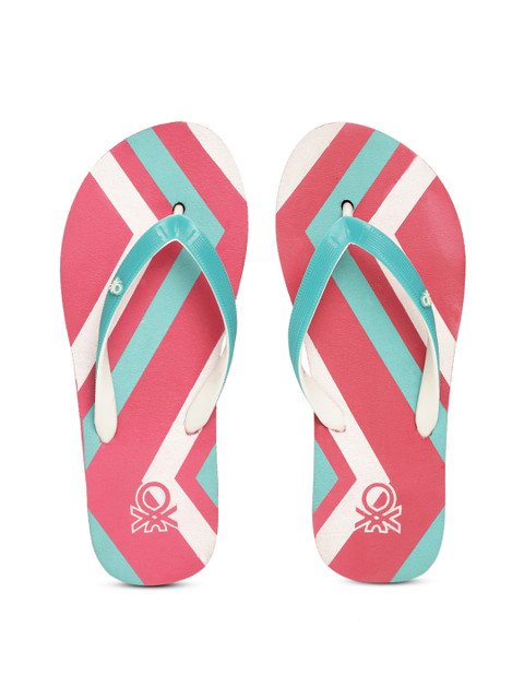 

United Colors of Benetton Women Turquoise Blue & Pink Printed Thong Flip-Flops