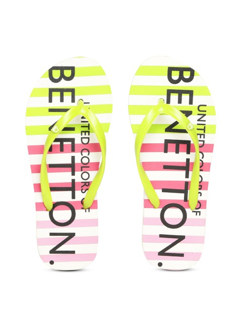 

United Colors of Benetton Women Fluorescent Green & Pink Striped Thong Flip-Flops