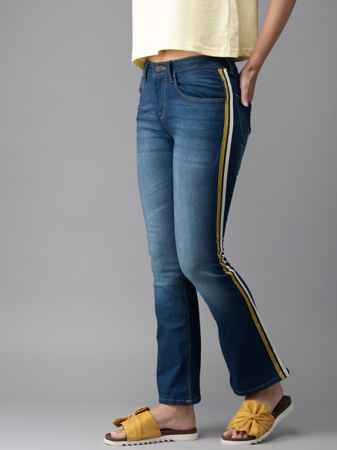 

HERE&NOW Women Blue Bootcut Mid-Rise Clean Look Stretchable Striped Jeans