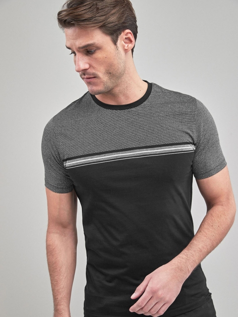 

next Men Black Self Design Round Neck T-shirt