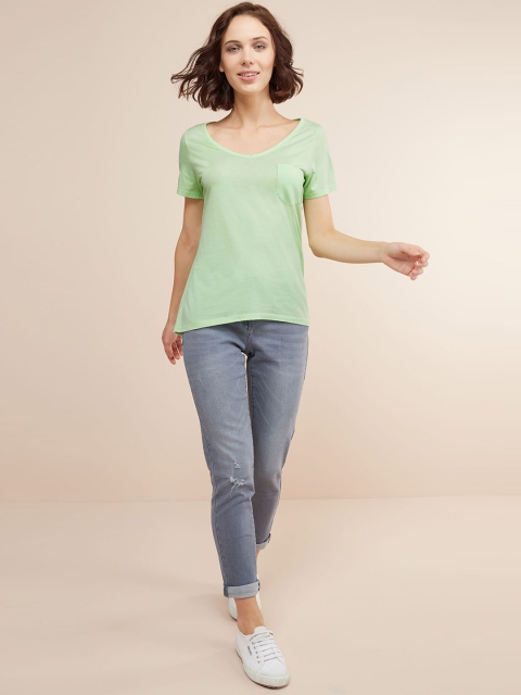 

next Women Green Solid V-Neck T-shirt