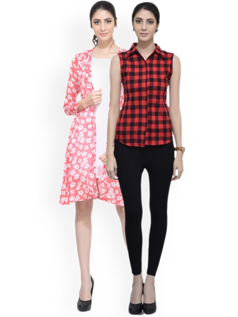 

SCORPIUS Women Red & Coral Checked Shirt with shrug