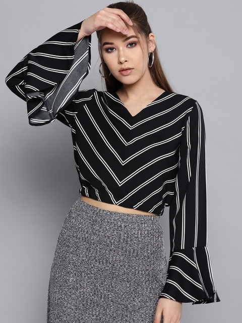 

STREET 9 Women Black & White Striped Blouson Crop Top