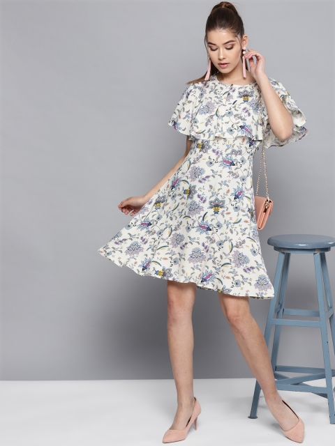 

STREET 9 Women Off-White & Blue Printed Layered A-Line Dress