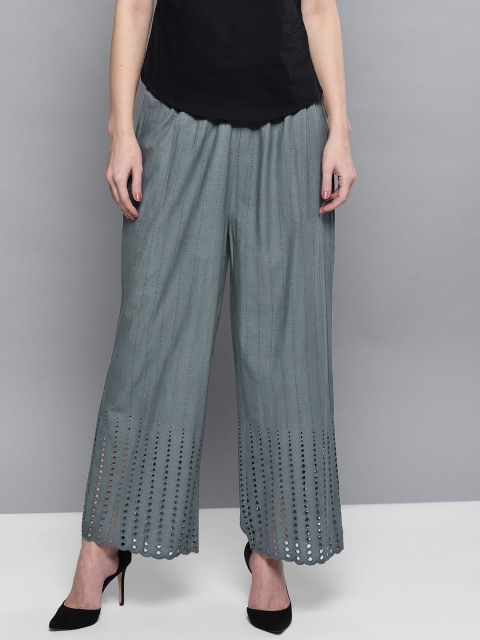

STREET 9 Women Grey Straight Schiffli Embroidered Palazzos