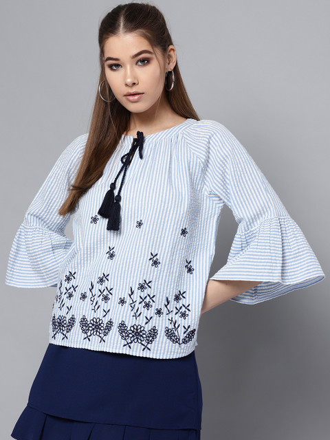 

STREET 9 Women Blue & White Striped Embroidered Detail Pure Cotton Top