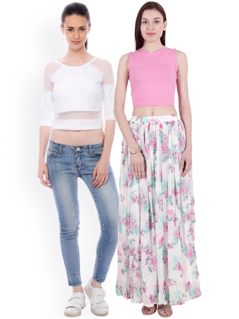 

SCORPIUS Women Pack of 2 Solid Crop Pure Cotton Tops, White