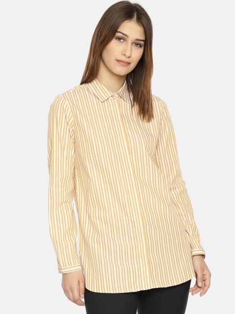 

Van Heusen Woman Mustard Yellow & White Regular Fit Striped Casual Shirt