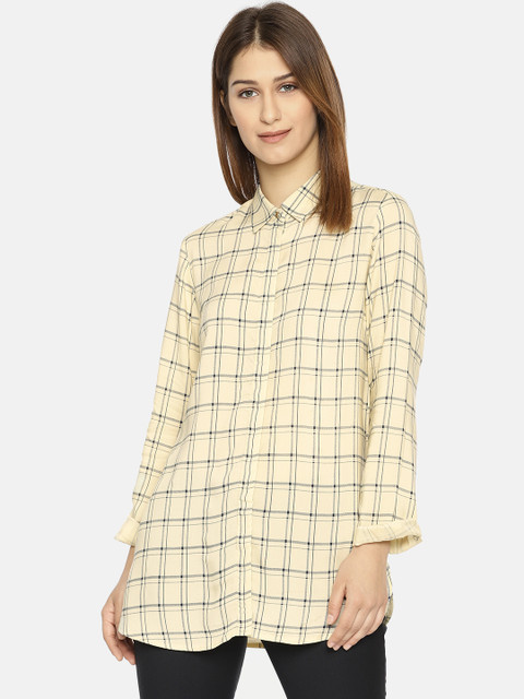 

Van Heusen Woman Women Yellow & Navy Blue Regular Fit Checked Casual Longline Shirt
