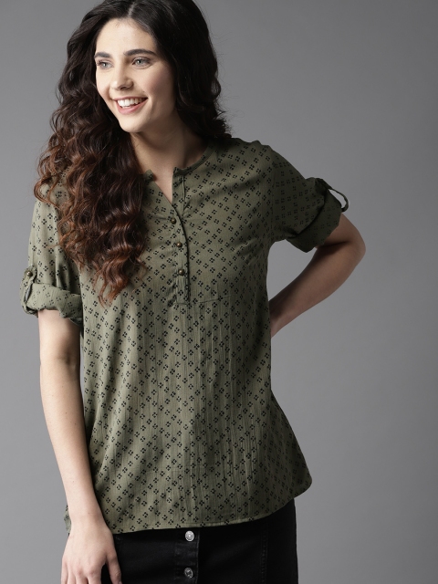 

HERE&NOW Women Olive Green Printed Shirt Style Top