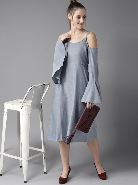 

HERE&NOW Women Blue Cold-Shoulder Solid A-Line Dress