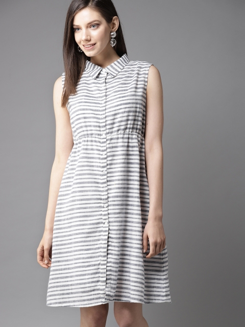

HERE&NOW Women White & Navy Blue Striped Shirt Dress