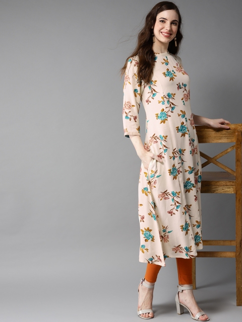 

HERE&NOW Women Cream-Coloured & Teal Green Floral Print A-Line Kurta