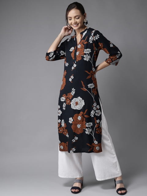 

HERE&NOW Women Navy Blue & Rust Brown Floral Printed Straight Kurta