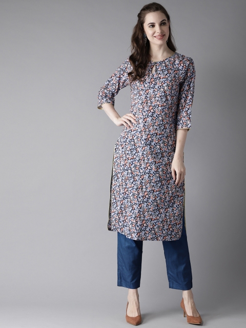 

HERE&NOW Women Blue & White Floral Print Straight Kurta
