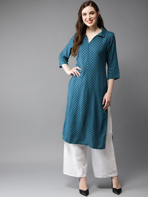 

HERE&NOW Women Navy Blue & Green Printed Straight Kurta