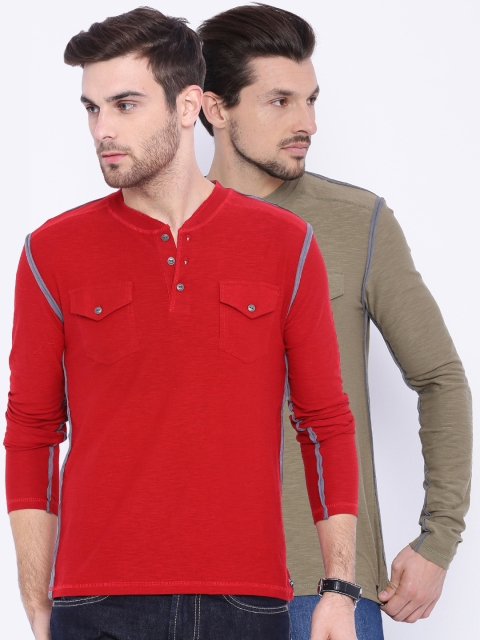 

ARISE Men Pack of 2 Solid Henley Neck T-shirts, Red