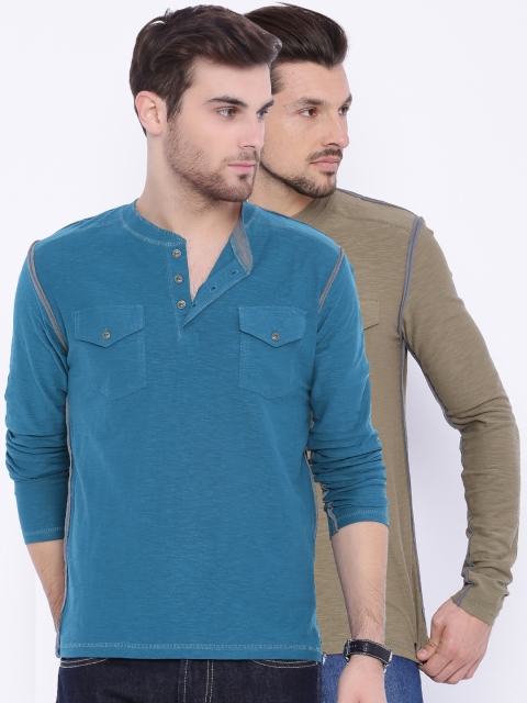 

ARISE Men Pack of 2 Solid Henley Neck T-shirts, Teal