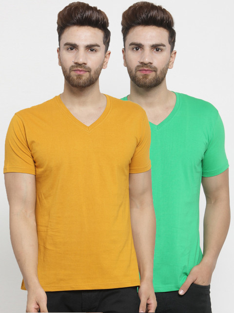 

Friskers Men Pack of 2 Solid T-shirts, Mustard