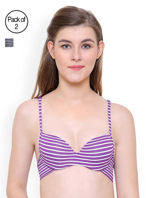 

Friskers Women Pack of 2 Striped Bras, Black