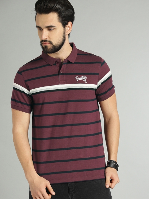 

Roadster Men Burgundy & Navy blue Striped Polo T-shirt