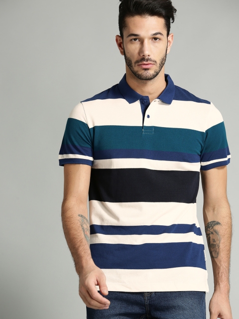 

Roadster Men Beige & Blue Striped Polo Collar T-shirt