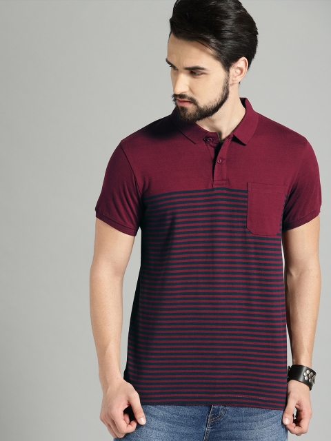 

Roadster Men Maroon & Navy Blue Striped Polo Collar T-shirt