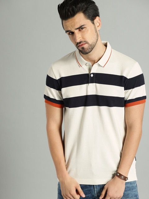 

Roadster Men Off-White & Navy Blue Striped Polo Collar T-shirt
