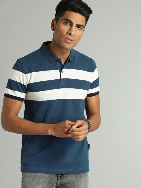 

The Roadster Lifestyle Co Men Blue White Striped Polo Collar Pure Cotton T-shirt