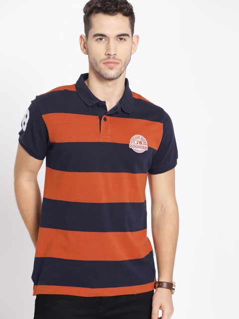 

Roadster Men Navy Blue & Rust Orange Striped Polo Collar T-shirt