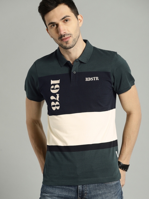 

Roadster Men Olive Green & Navy Blue Colourblocked Polo Collar T-shirt