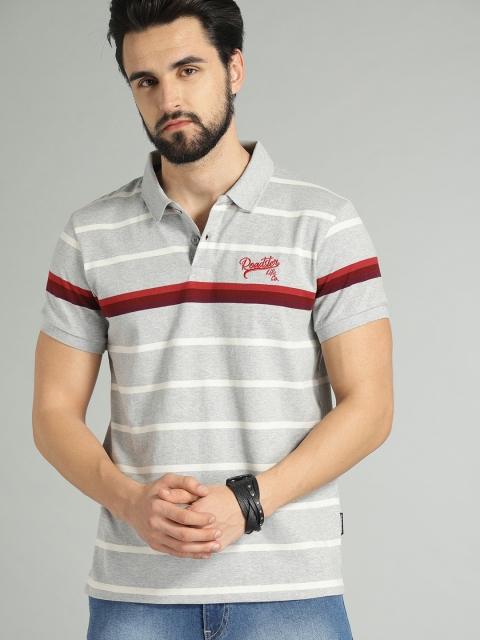 

Roadster Men Grey Melange & White Striped Polo Collar T-shirt