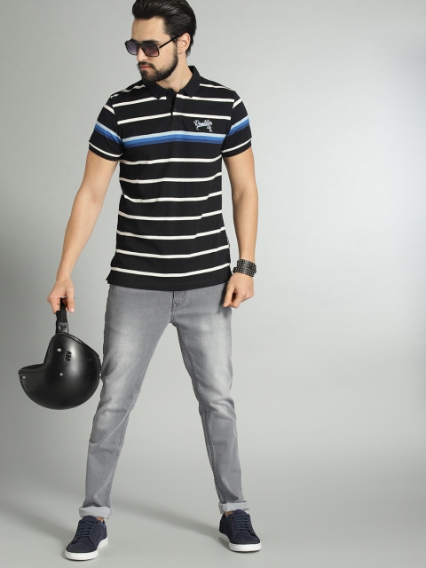 

Roadster Men Black & White Striped Polo Collar T-shirt