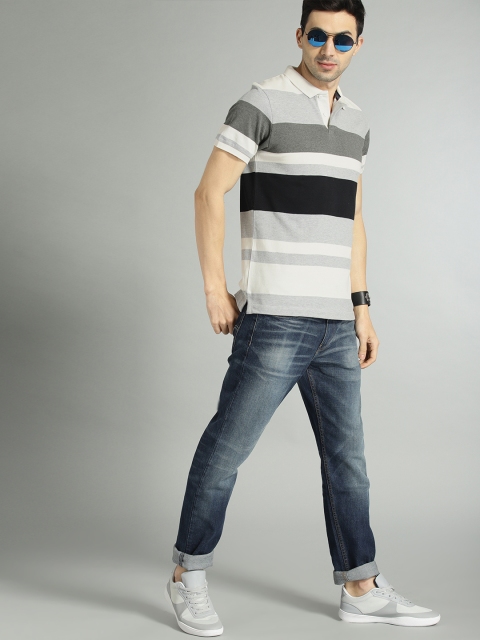

The Roadster Lifestyle Co Men Grey Off-White Striped Polo Pure Cotton T-shirt